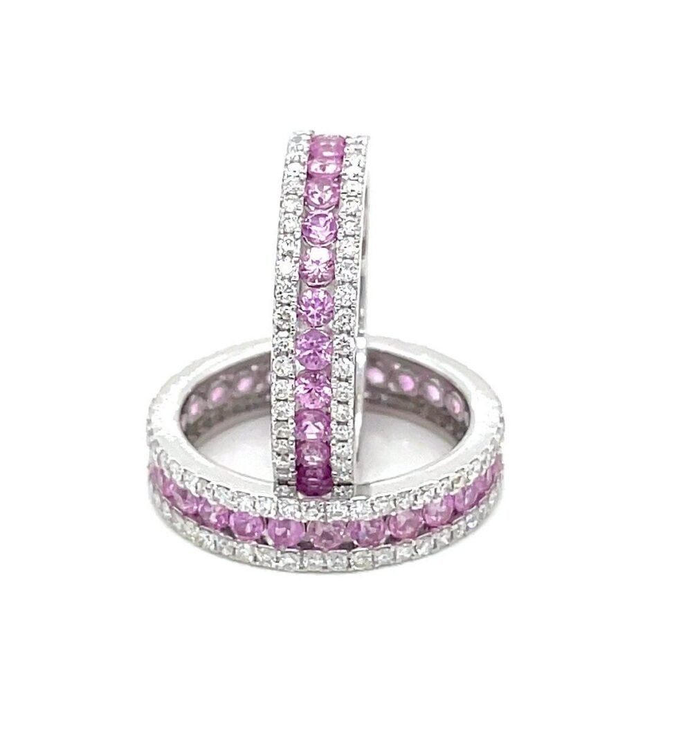 14K White Gold Diamond and Pink Sapphire Eternity Ring | Unique Wedding Band | Perfect Engagement Ring or Birthday Gift for Her.