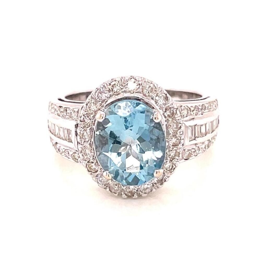 18K White Gold Oval Cut Santa Maria Aquamarine Ring | Deep Blue Natural Aquamarine | March Birthstone, Birthday & Valentine's Day Gift