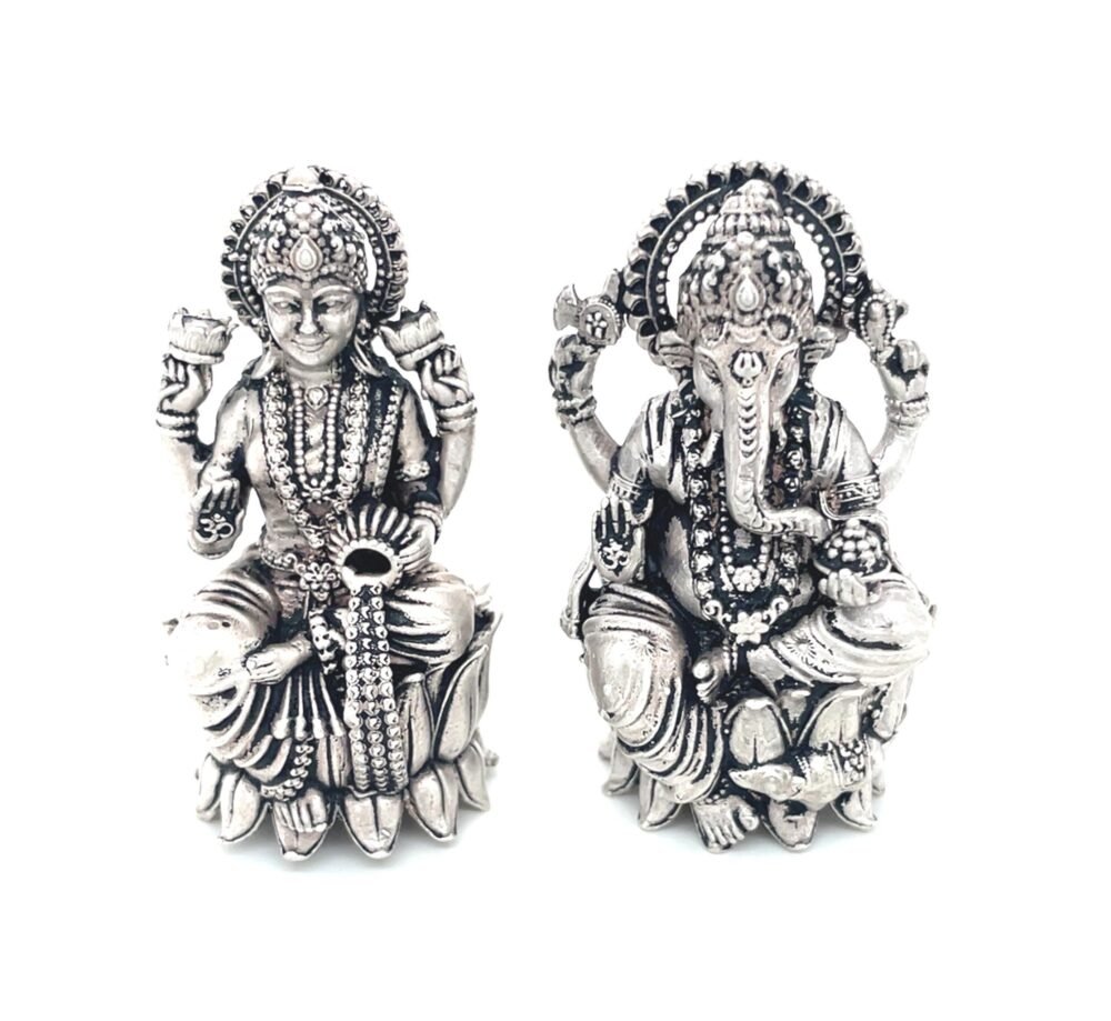 Pure Silver Lakshmi Ganesh Idol | Handcrafted Hindu Statue for Puja | Divine Blessing Silver Murti | Housewarming & Spiritual Gift