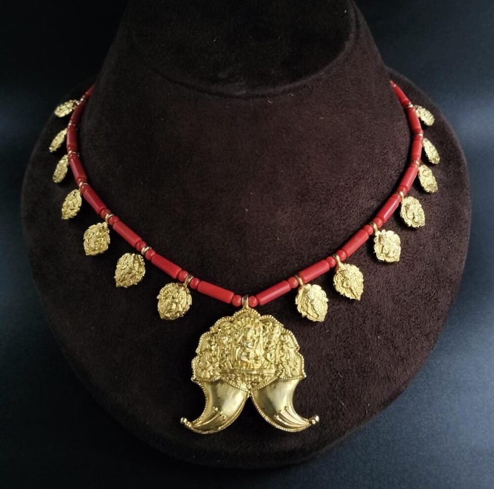 Shivaji Maharaj Era Wagh Nakh Necklace | 925 Silver with 22K Gold Plating | Tiger Claw Design Pendant On Coral Beads | Estate Jewellery.