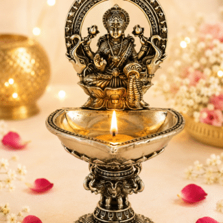 925 Sterling Silver Lakshmi Deepam | Elephant Pillar Oil Lamp | Antique Silver Diya | Handmade Hindu Temple Decor | Rare Collectible Lamp.