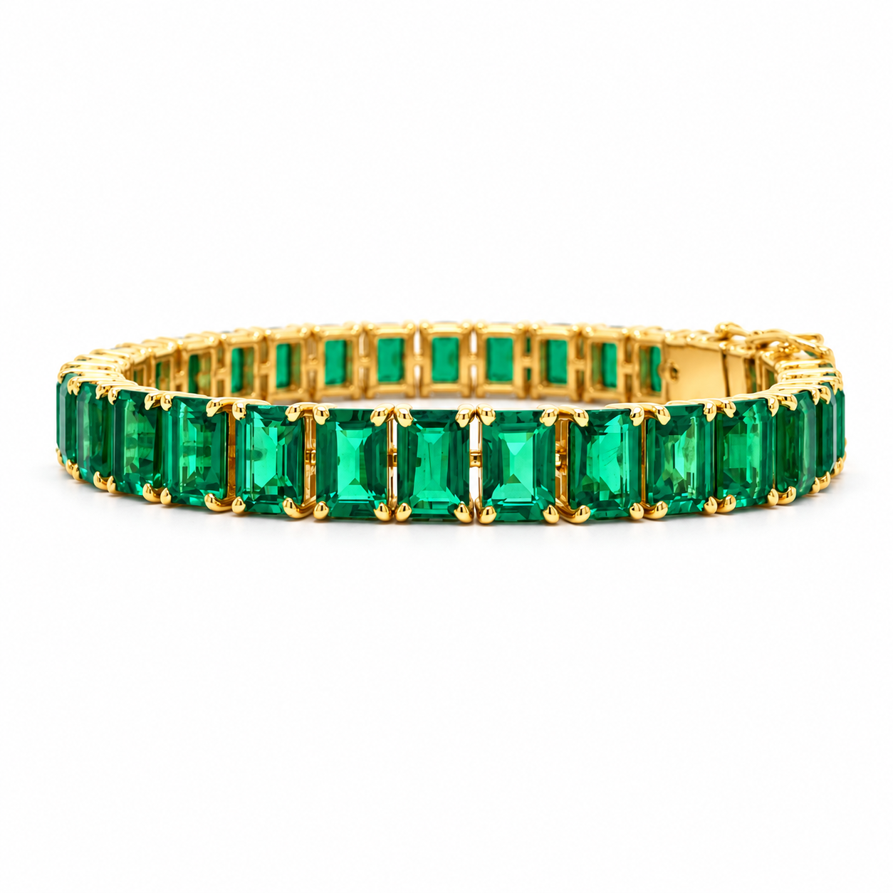 Emerald Cut Tennis Bracelet, Lab Created Emeralds, Gold Plated 925 Sterling Silver, 7 Inch