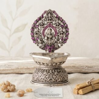 Rare Vintage Ashta Lakshmi Oil Lamp | 925 Sterling Silver Deepam | Ruby Accented Handmade Temple Art | Antique Art Deco Decor For Your Home.